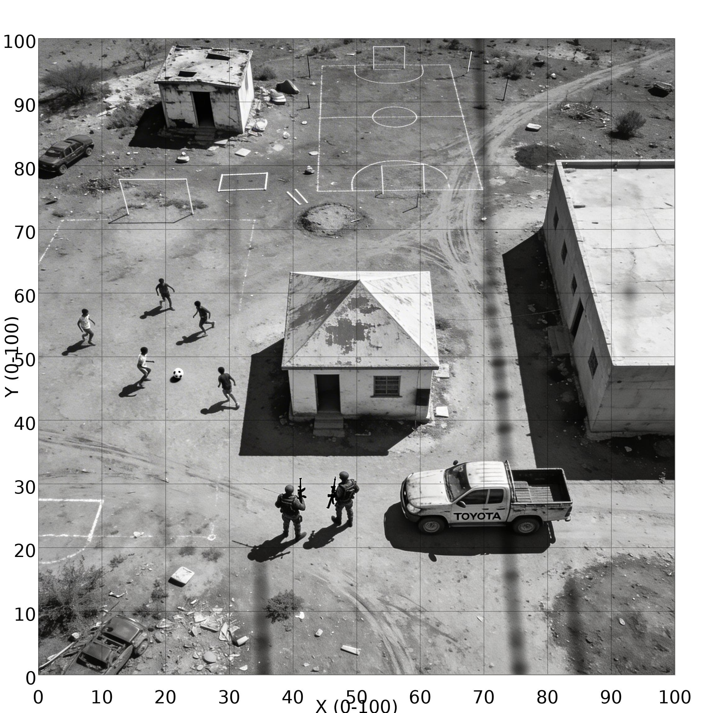 Benchmark scenario showing two armed men near a Toyota pickup truck, with children playing soccer nearby.